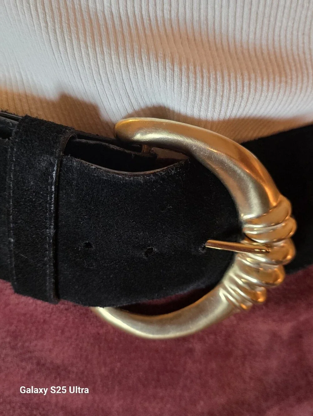 Vtg Kandell Marcus Black Suede Wide Waist Belt Gold Crescent Buckle 1980s USA